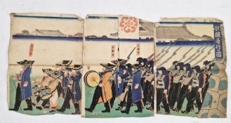 Utagawa Yoshifuji 1867  'Parade of the Emperor's Troops', ink and colour on paper, in three