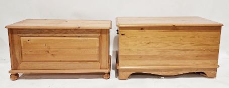 Pine blanket box with framed panelled front, on ball feet, 47cm x 84cm x 39.5cm and another on