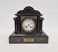 Early 20th century slate mantel clock, the circular enamel dial with Roman numerals denoting