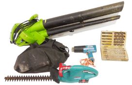 Bosch 41ACCU hedge trimmer, two Handy leaf blowers, a Black & Decker HG991 hot air gun, a Black &