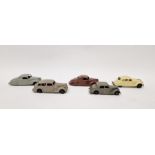 Five Dinky playworn diecast model cars to include 2 X 39c Lincoln Zephyr (one brown body, black