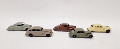 Five Dinky playworn diecast model cars to include 2 X 39c Lincoln Zephyr (one brown body, black