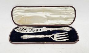 Cased electroplated pair of fish servers with pierced and engraved decoration of fish, in fitted box