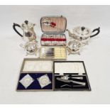 Mappin and Webb silver plate four piece tea set, cased EPNS salts, cased flatware etc (1 box)