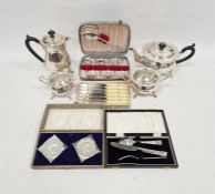 Mappin and Webb silver plate four piece tea set, cased EPNS salts, cased flatware etc (1 box)