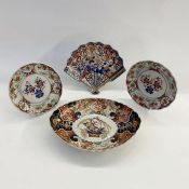 Japanese Imari porcelain dish, oval and scalloped, centred by boughpot and having phoenix and