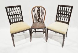 Pair of mahogany pierced back dining chairs with yellow upholstered seats and another chair (3)