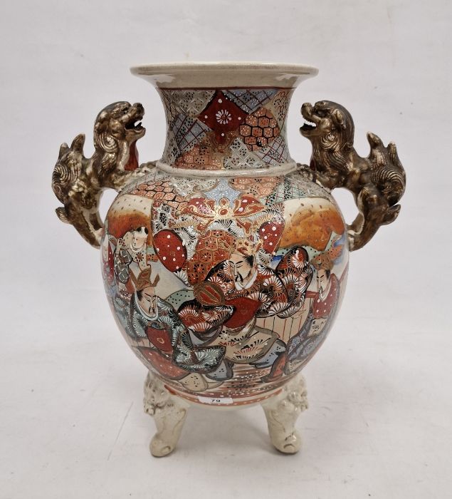 Large Japanese Satsuma earthenware koro, the raised vase with pair gilt dog handles, the body - Image 4 of 15