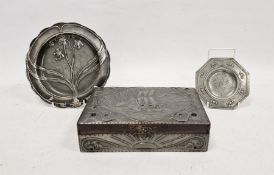 WMF-style pewter dish of Art Nouveau design, with floral embossed decoration and frilled edge, a