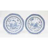 Pair Chinese porcelain plates, octagonal and with underglaze blue decoration of butterflies and
