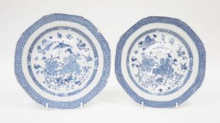 Pair Chinese porcelain plates, octagonal and with underglaze blue decoration of butterflies and