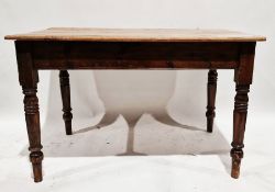 Pine and stained wood kitchen dining table on ring turned supports, 76cm x 122cm x 74.5cm deep