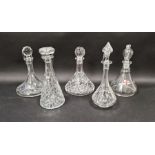 Five assorted clear glass decanters, one with Royal Yacht Squadron flag (5)
