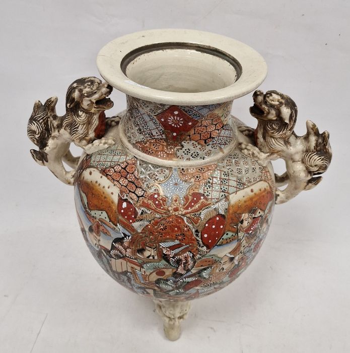 Large Japanese Satsuma earthenware koro, the raised vase with pair gilt dog handles, the body - Image 2 of 15