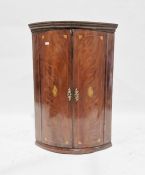 19th century marquetry mahogany quarter round corner cupboard inlaid with conch shells and fans