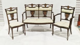 Edwardian mahogany inlaid salon suite comprising of sofa, two carvers and four armchairs