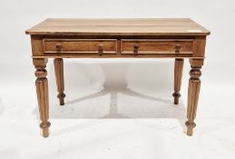 20th century pine side table with two frieze drawers, on turned reeded supports, 70cm high x 107.5cm