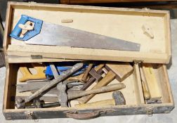 Vintage wooden tool box and assorted vintage tools including files, hammers, chisels, rasps, hand-