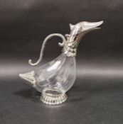 Early 20th century silver-plated and glass duck carafe, 25cm high approx.