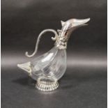 Early 20th century silver-plated and glass duck carafe, 25cm high approx.