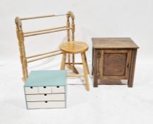 Lightwood circular stool, a painted table-top small chest, a dark stained wood small cabinet with