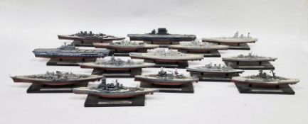14 diecast model warships to include HMS Hood, HMS Vanguard, RM Rona,  USS Hornet, USS Lengon, HMS