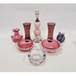 Daum France clear glass ashtray, Caithness vase, two cranberry glass bowls, pair of amethyst glass