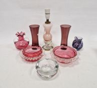 Daum France clear glass ashtray, Caithness vase, two cranberry glass bowls, pair of amethyst glass