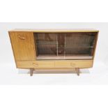 Mid 20th century stained wood and glazed sideboard having cupboard with fall front, glass shelves