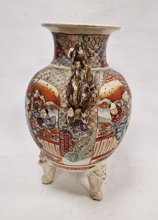 Large Japanese Satsuma earthenware koro, the raised vase with pair gilt dog handles, the body - Image 3 of 15