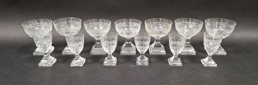 Set of seven late Georgian wine glasses with engraved decoration, 9.5cm high approx. and a set of