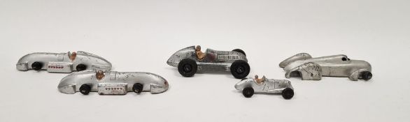 Five Dinky playworn diecast model Racing cars to include 23D Auto-union Racing car - silver body,
