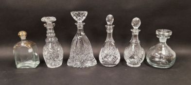 Royal Doulton bell shaped decanter, a clear glass decanter engraved 'Labor Omnia Vincit', and others