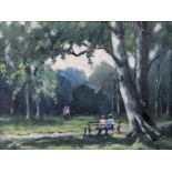 Morgan Hughes (20th century)  Oil on board "A Seat in the Park", signed lower left, framed, 17.5cm x