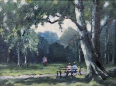 Morgan Hughes (20th century)  Oil on board "A Seat in the Park", signed lower left, framed, 17.5cm x