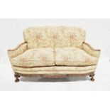 Mahogany and yellow floral upholstered drawing room suite with carved decoration, comprising of