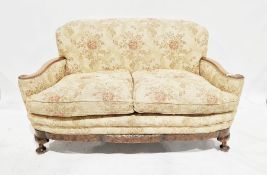 Mahogany and yellow floral upholstered drawing room suite with carved decoration, comprising of