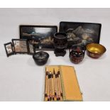 Assorted Chinese/Japanese painted lacquer ware to include trays, bowl, paintbrushes, small screen