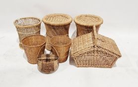 Wicker picnic basket, a hanging basket, a pair of wicker and bamboo stools, three assorted bins