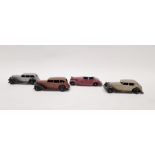 Four Dinky playworn diecast model cars to include 38c Lagonda tourer- red/brown body, blue seats,