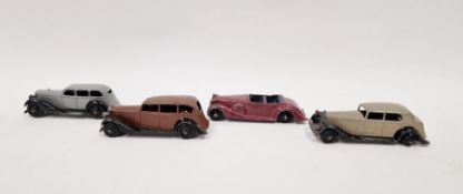 Four Dinky playworn diecast model cars to include 38c Lagonda tourer- red/brown body, blue seats,