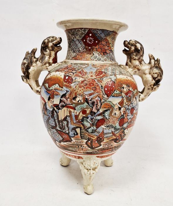 Large Japanese Satsuma earthenware koro, the raised vase with pair gilt dog handles, the body