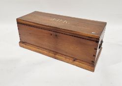 Stained wood initialled tool/blanket chest, rectangular with iron drop handles, on plinth base, 37cm