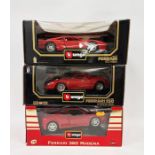 Three boxed Burago 1/18 scale diecast model cars to include cod. 3358 Ferrari 360 Modena (1999),