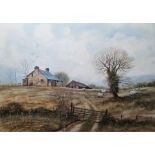 Rex Trayhorne  Watercolour Country landscape with farm buildings and sheep in a field, signed