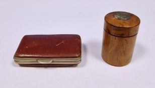 Burr walnut with mother of pearl or abalone inlay to the cover, small canister 4.2 cms h. containing