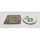 Silver-coloured metal and enamel compact, white enamel decorated with blue flowers and a silver