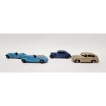 Four Dinky playworn diecast model cars to include 38a Frazer-Nash blue body, black chassis, black