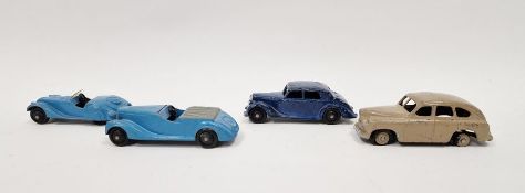 Four Dinky playworn diecast model cars to include 38a Frazer-Nash blue body, black chassis, black