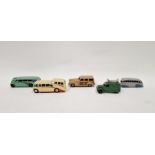 Five Dinky playworn diecast model cars to include 29B Streamlined Bus - grey body, blue flashes, 34C
